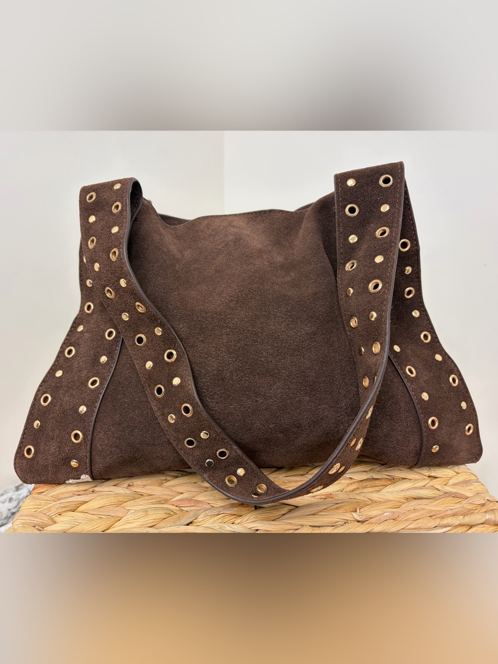 Rachel Zoe Dark Brown Suede Shoulder Bag with Gold Eyelet Straps